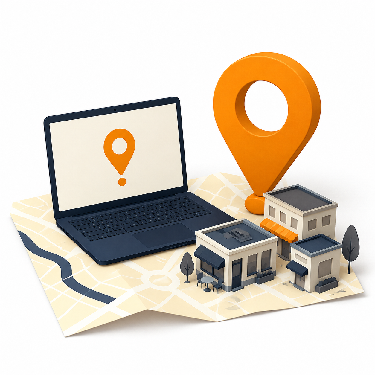 Illustration of a website and local businesses connected by a map pin.
